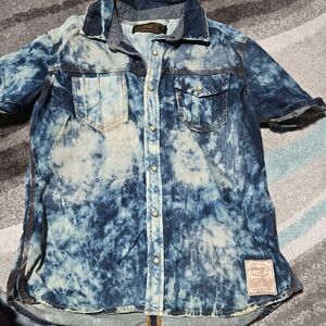 Akoo Blue Tie-Dye Denim Button Down Shirt